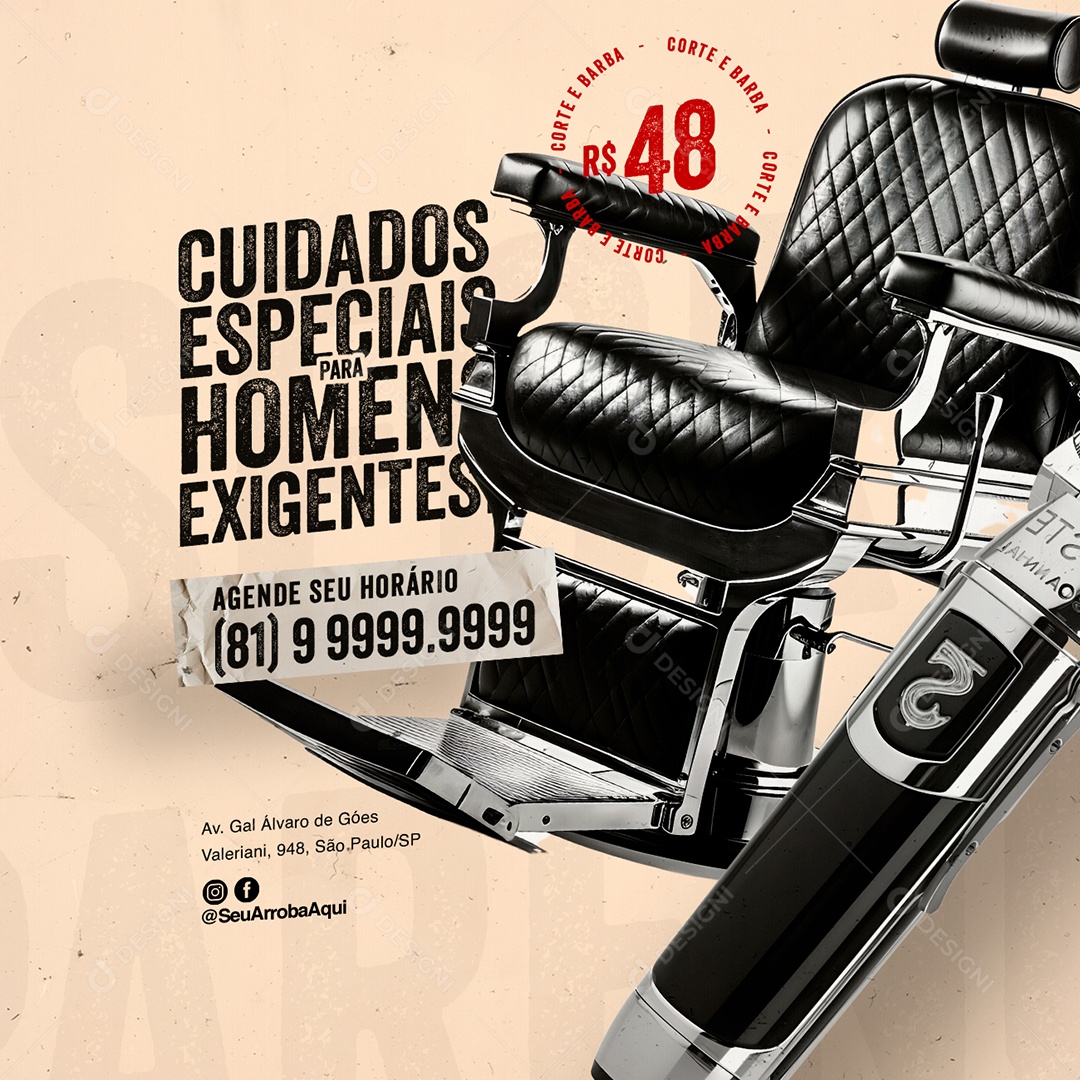 Barbearia Cuidados Especiais para Homens Exigentes Social Media PSD Editável