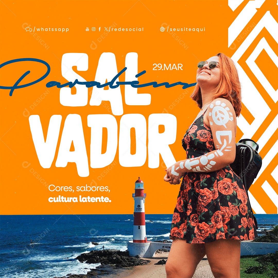 Aniversário Parabéns Salvador 29 de Março Cores Sabores Cultura Social Media PSD Editável