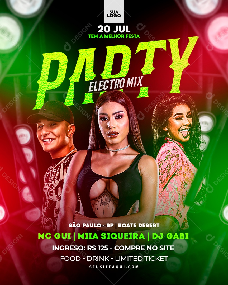 Flyer Party Electro Mix Mc Gui Miia Siqueira DJ Gabi Social Media PSD Editável