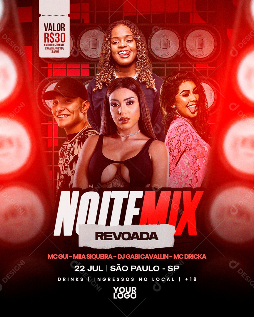 Revoated Night Mix Flyer Mc Gui Miia Siqueira DJ Gabi Mc Dricka Social Media PSD Editable