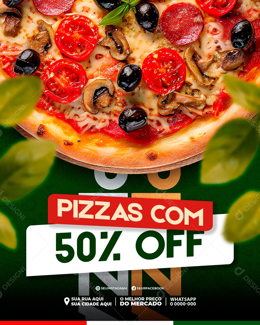Pizzaria Pizzas com 50% Off Social Media PSD Editável