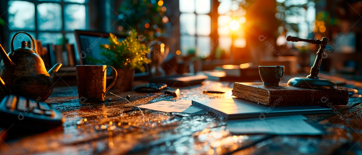 Tax documents and equipment on the desk. Generative AI (10).