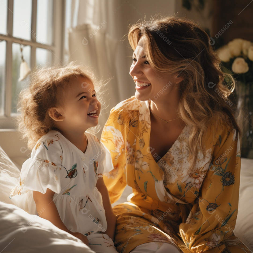 Mulher ao lado de sua linda filha felizes sorridentes