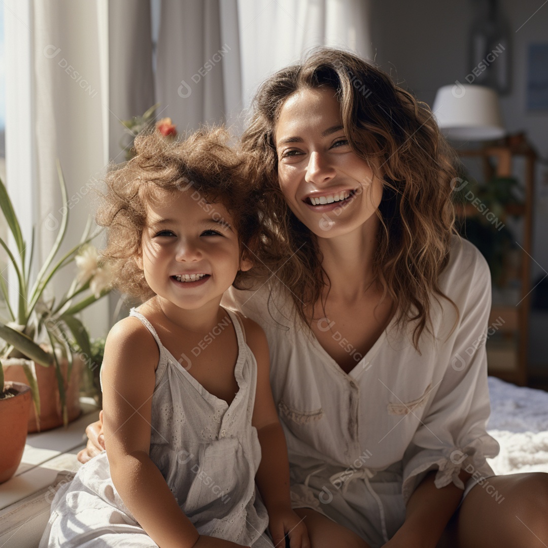 Mulher ao lado de sua linda filha felizes sorridentes