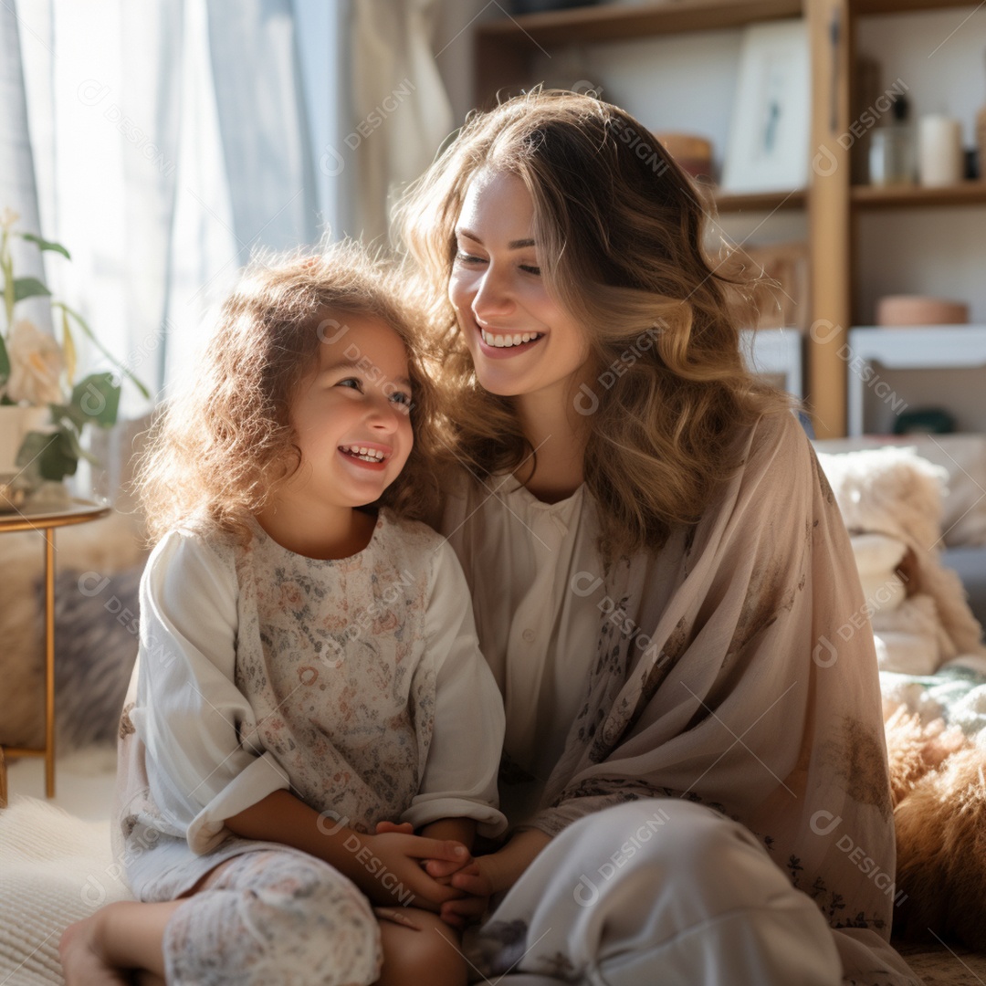 Mulher ao lado de sua linda filha felizes sorridentes