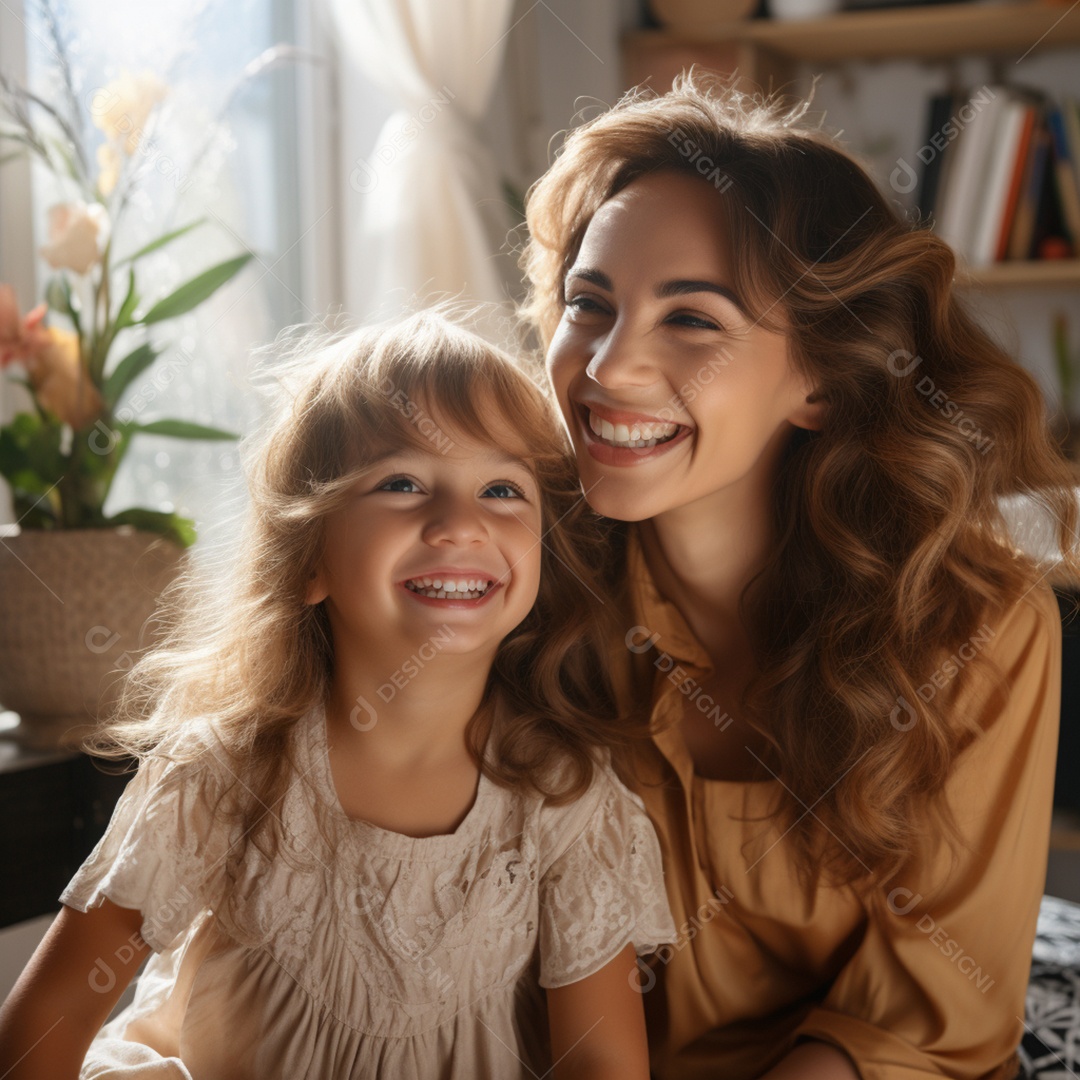 Mulher ao lado de sua linda filha felizes sorridentes