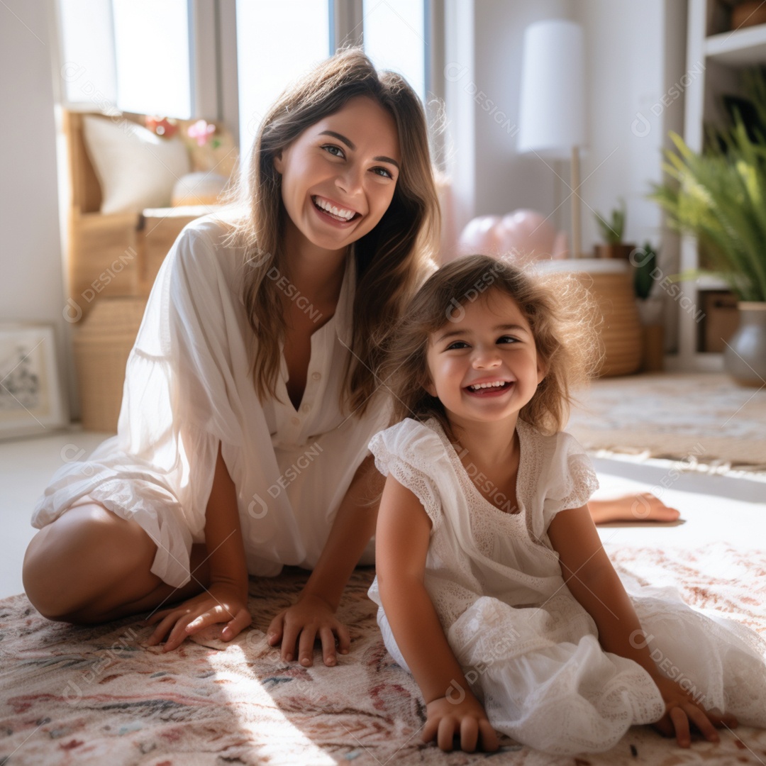 Mulher ao lado de sua linda filha felizes sorridentes