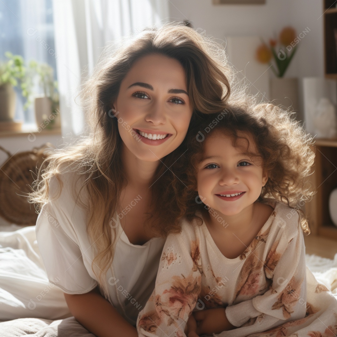 Mulher ao lado de sua linda filha felizes sorridentes