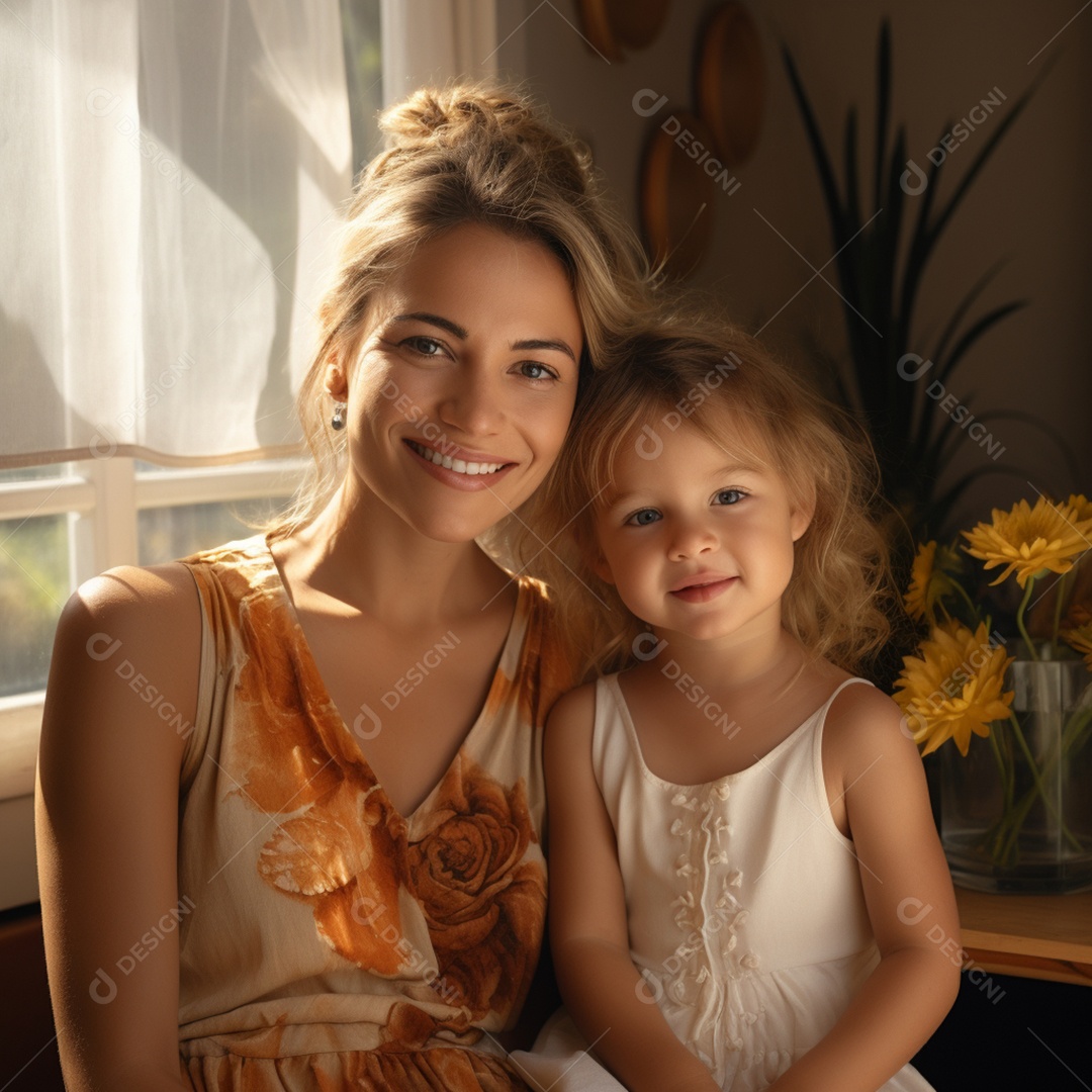 Mulher ao lado de sua linda filha felizes sorridentes