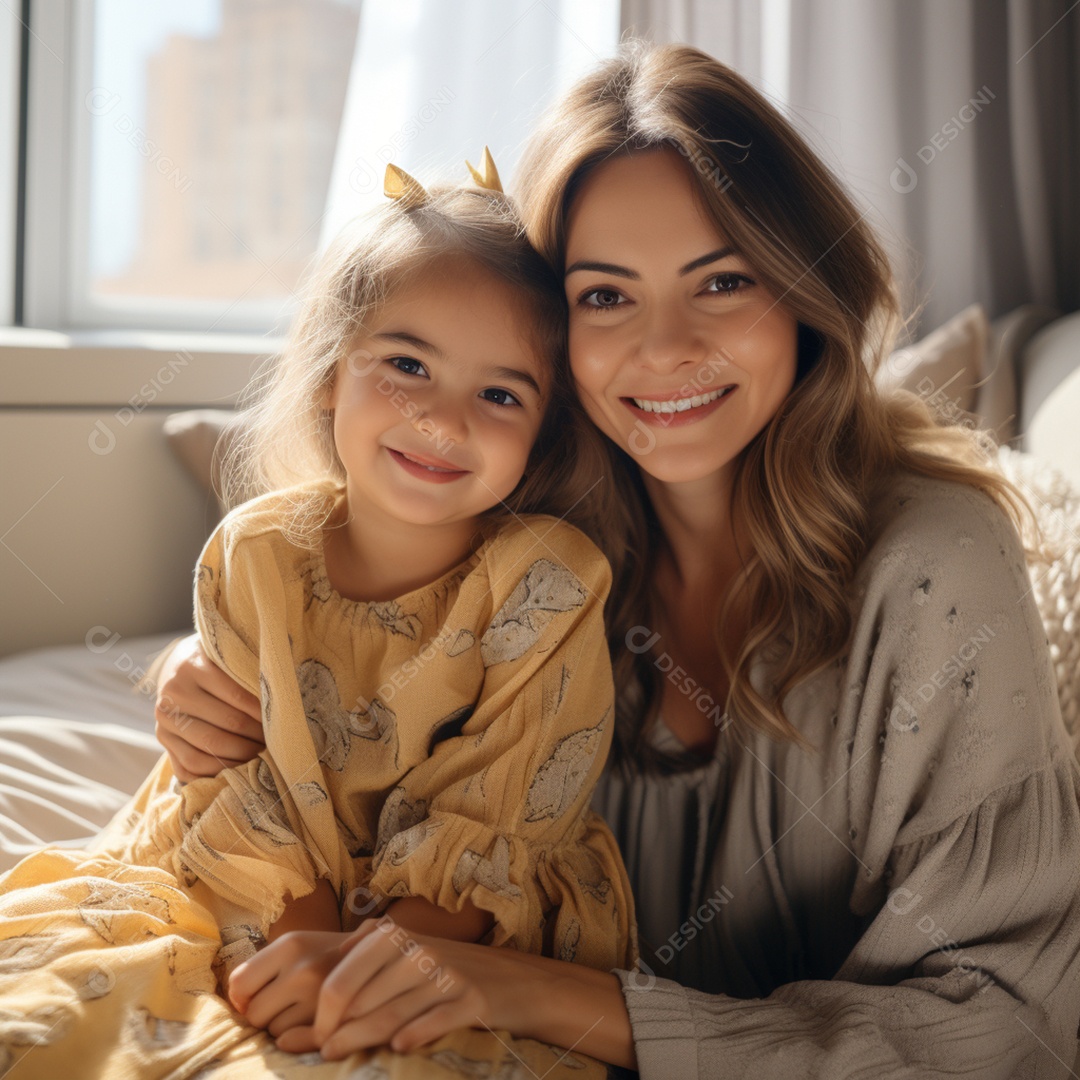 Mulher ao lado de sua linda filha felizes sorridentes