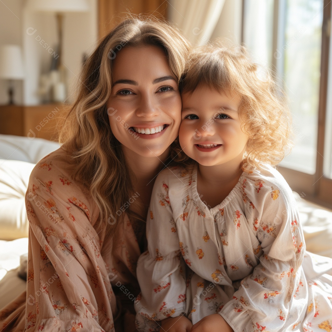 Mulher ao lado de sua linda filha felizes sorridentes