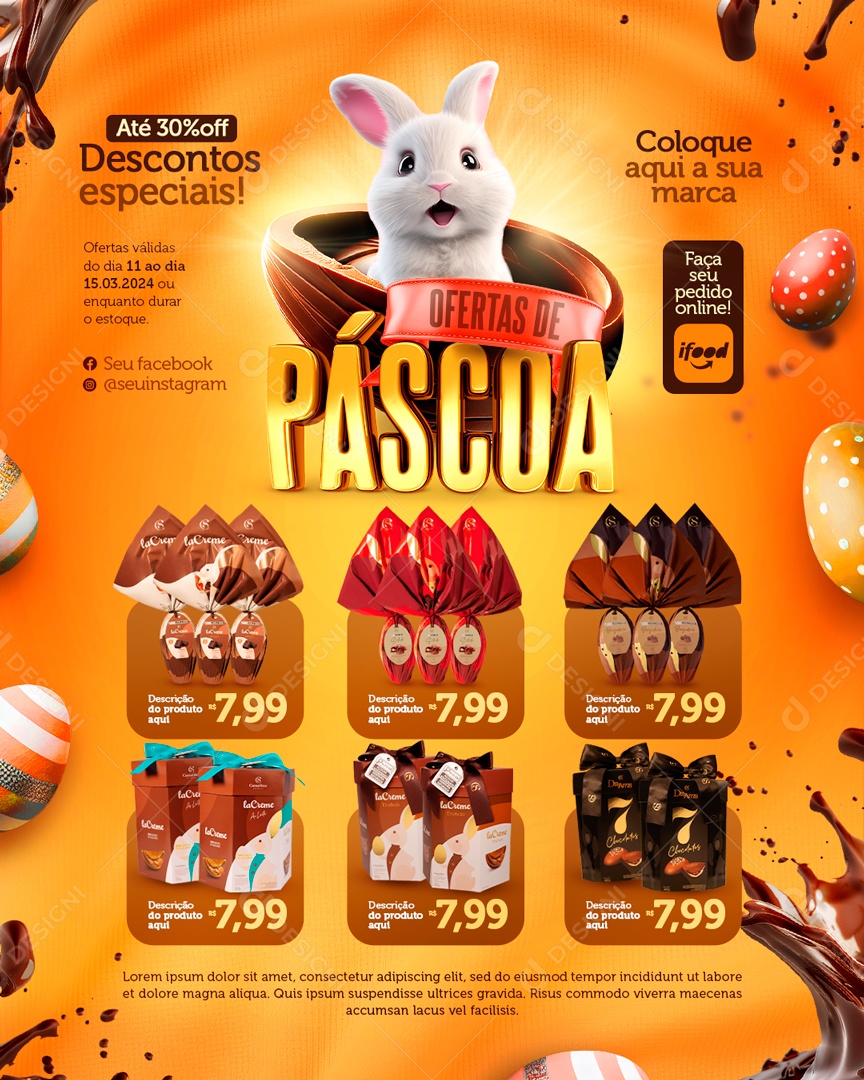 Encarte Ofertas de Páscoa Descontos Especiais Ovos 7,99 Social Media PSD Editável