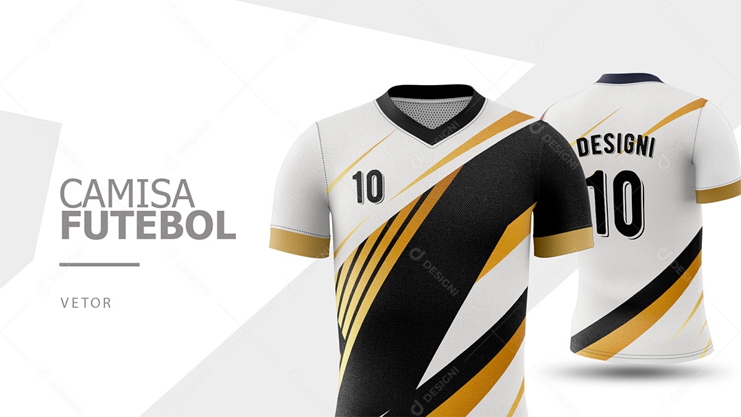Camisa de Futebol Frente e Verso Branco dourado e Preto Vetor EPS