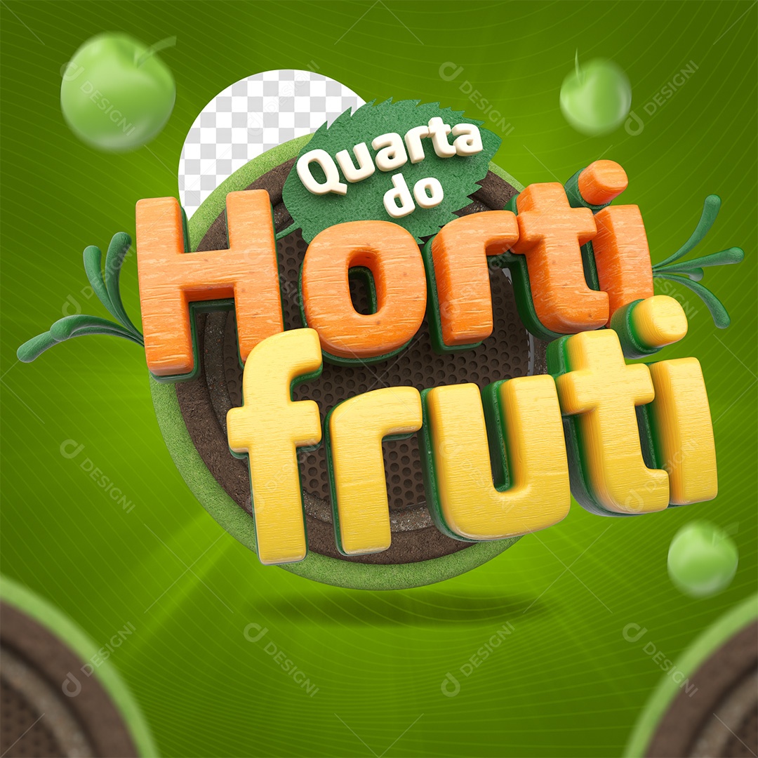Selo 3D Aqui Tem Hortifruti Laranja e Amarelo para Composição PSD