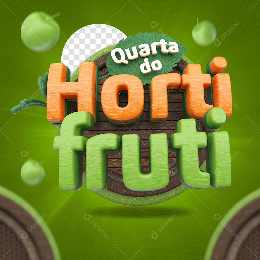 Selo 3D Aqui Tem Hortifruti Laranja e Verde para Composição PSD