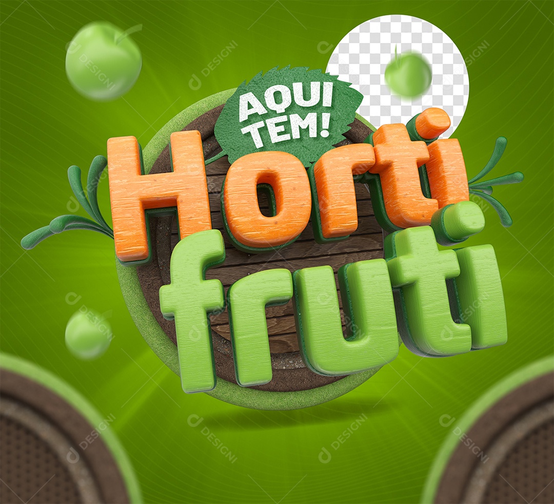 Aqui Tem Hortifruti Selo 3D Laranja e Verde para Composição PSD