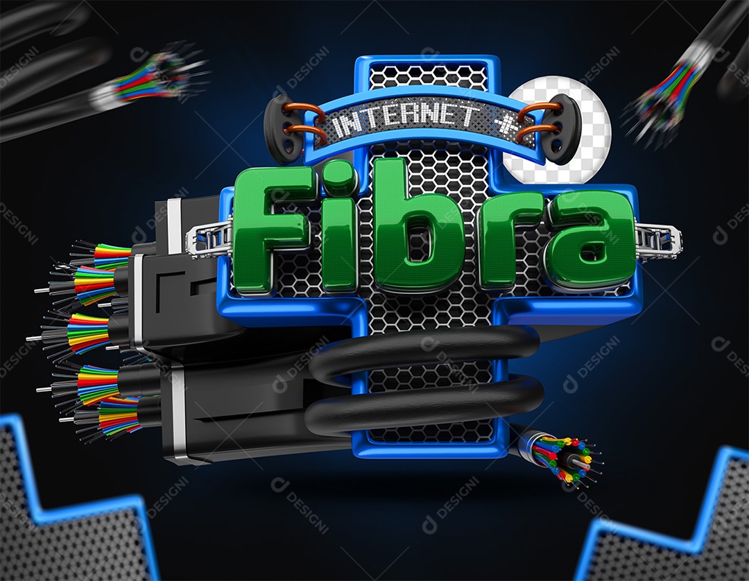 Selo 3D Internet Mais Fibra Azul e Verde para Composição PSD
