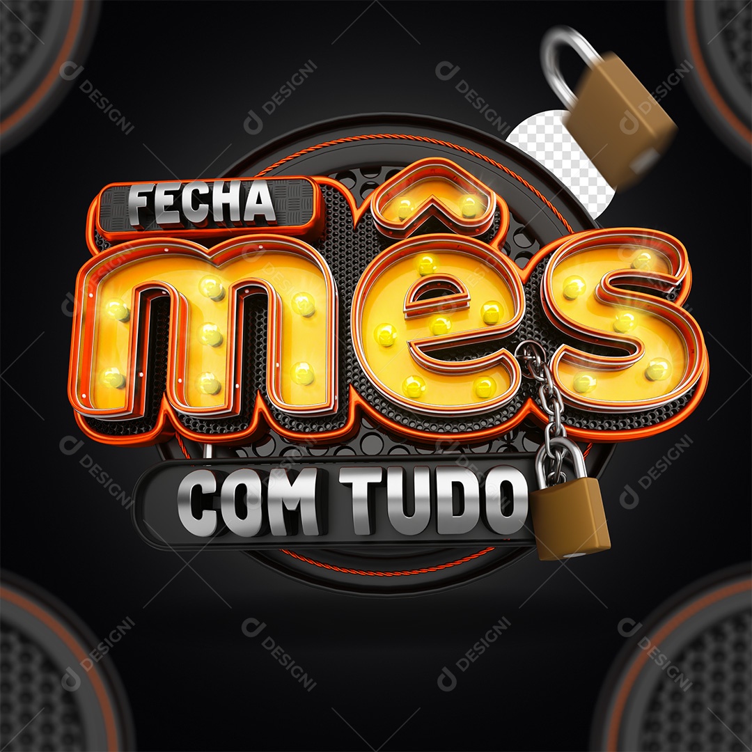 Selo 3D Fecha Mês com Tudo Amarelo laranja e Cinza para Composição PSD