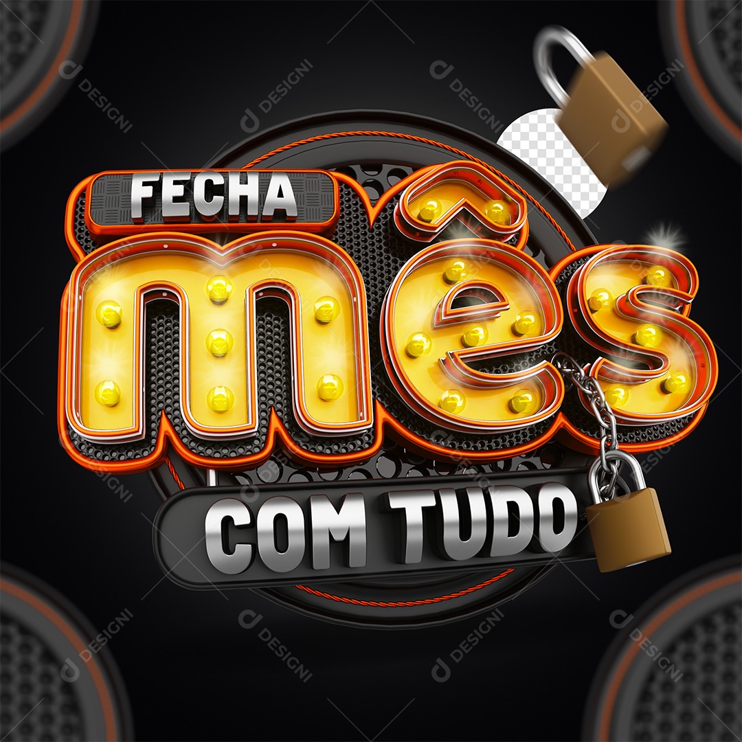 Fecha Mês com Tudo Selo 3D Amarelo laranja e Cinza para Composição PSD