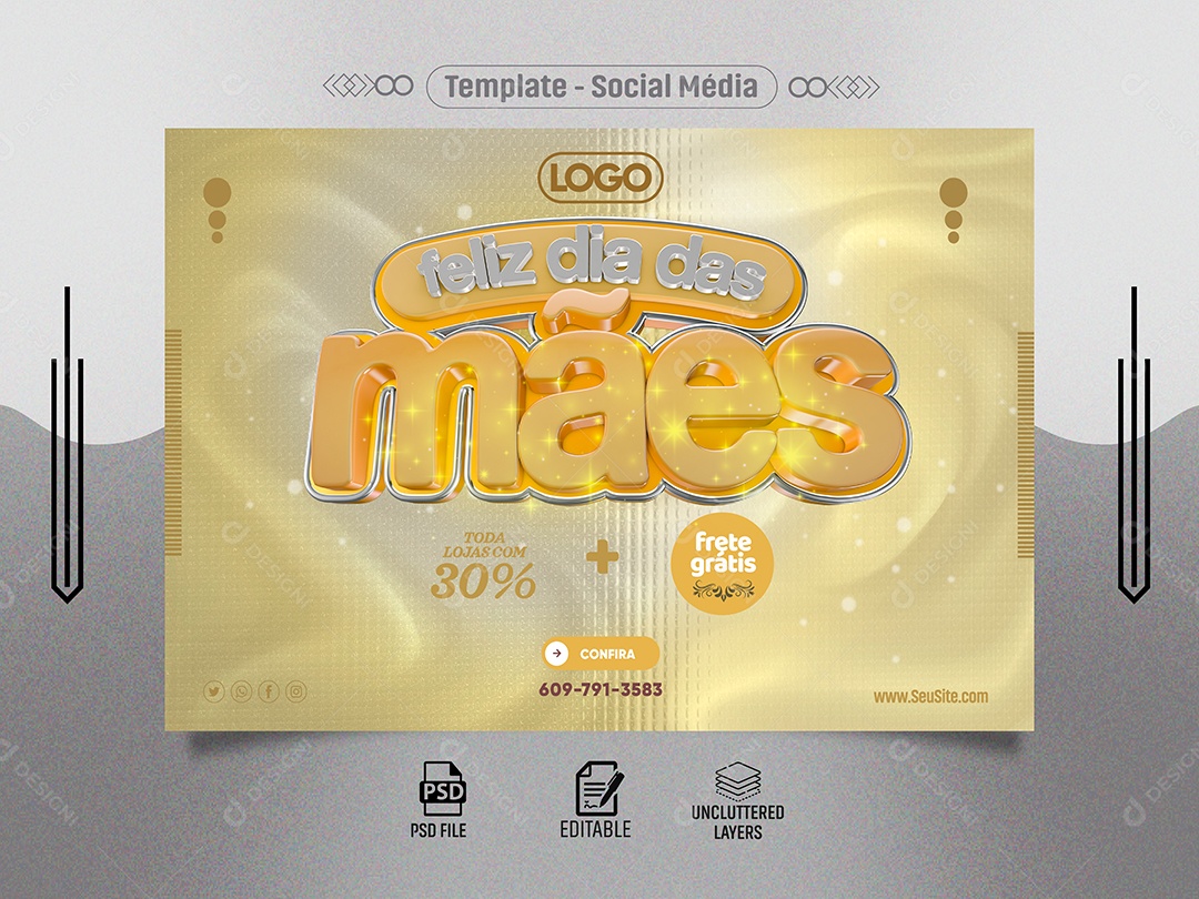 Banner Feliz Dia das Mães Toda Lojas com 30% Social Media PSD Editável