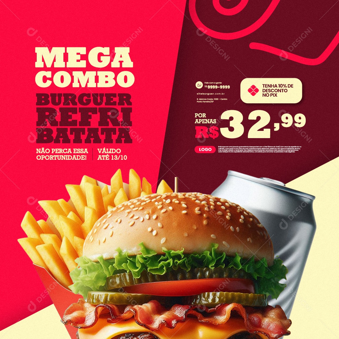 Trailer de Comida Hamburgueria Mega Combo Burguer Refri Batata Social Media PSD Editável