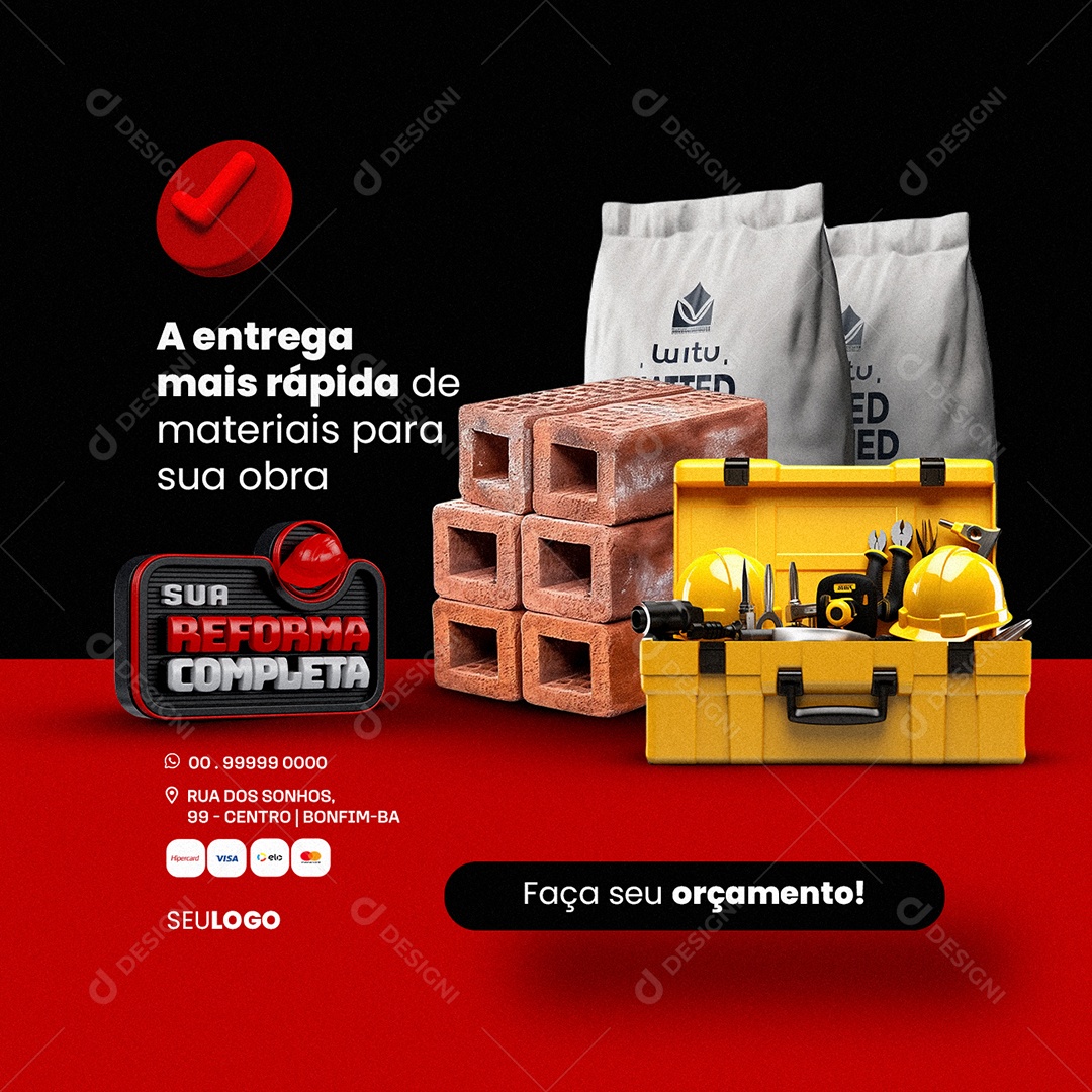 Materiais de Construção Sua Reforma Completa Tijolos Ferramentas Social Media PSD Editável