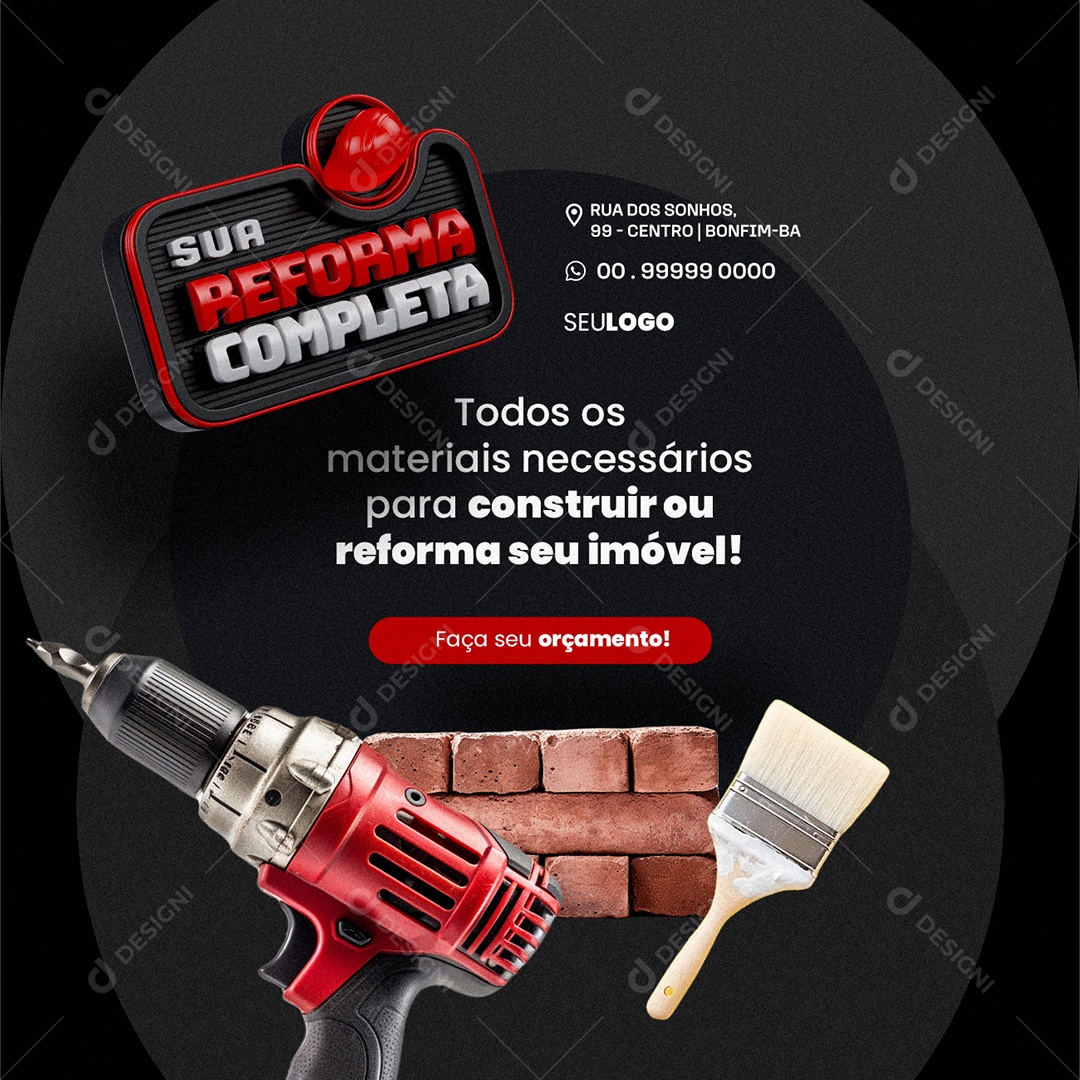 Materiais de Construção Sua Reforma Completa Tijolos Furadeira Pincel Social Media PSD Editável