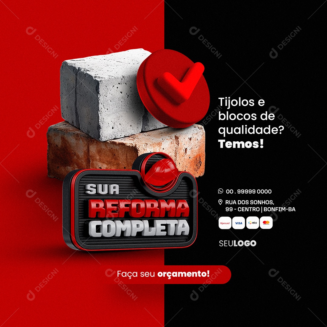 Materiais de Construção Sua Reforma Completa Tijolos e Blocos Social Media PSD Editável