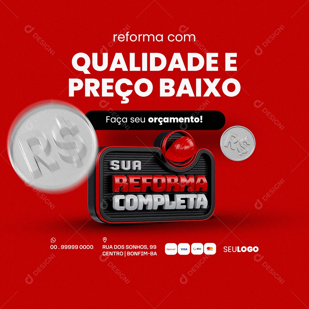 Materiais de Construção Sua Reforma Completa Qualidade e Preço Baixo Social Media PSD Editável