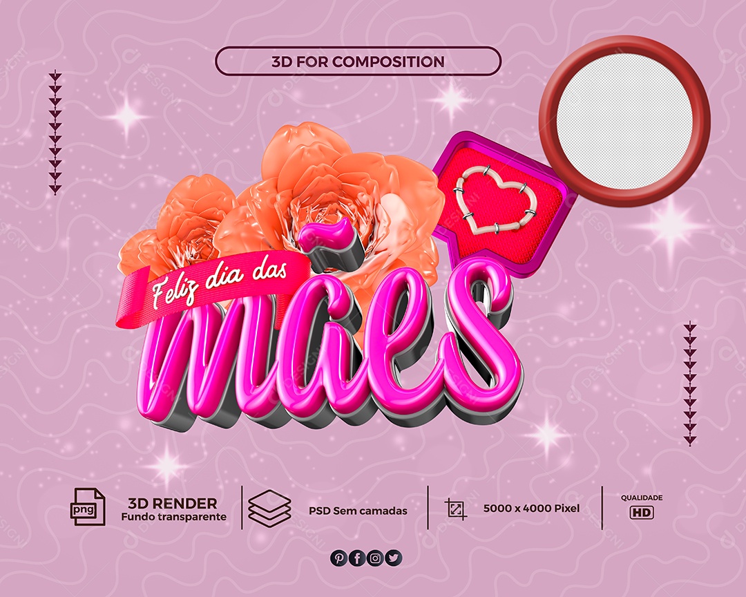 Feliz Dia das Mães Selo 3D Laranja Rosa para Composição PSD