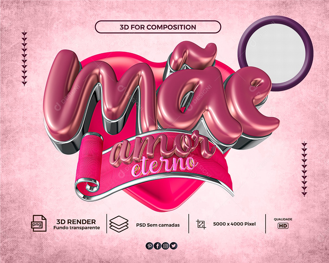 Mãe Amor Eterno Selo 3D Roxo para Composição PSD