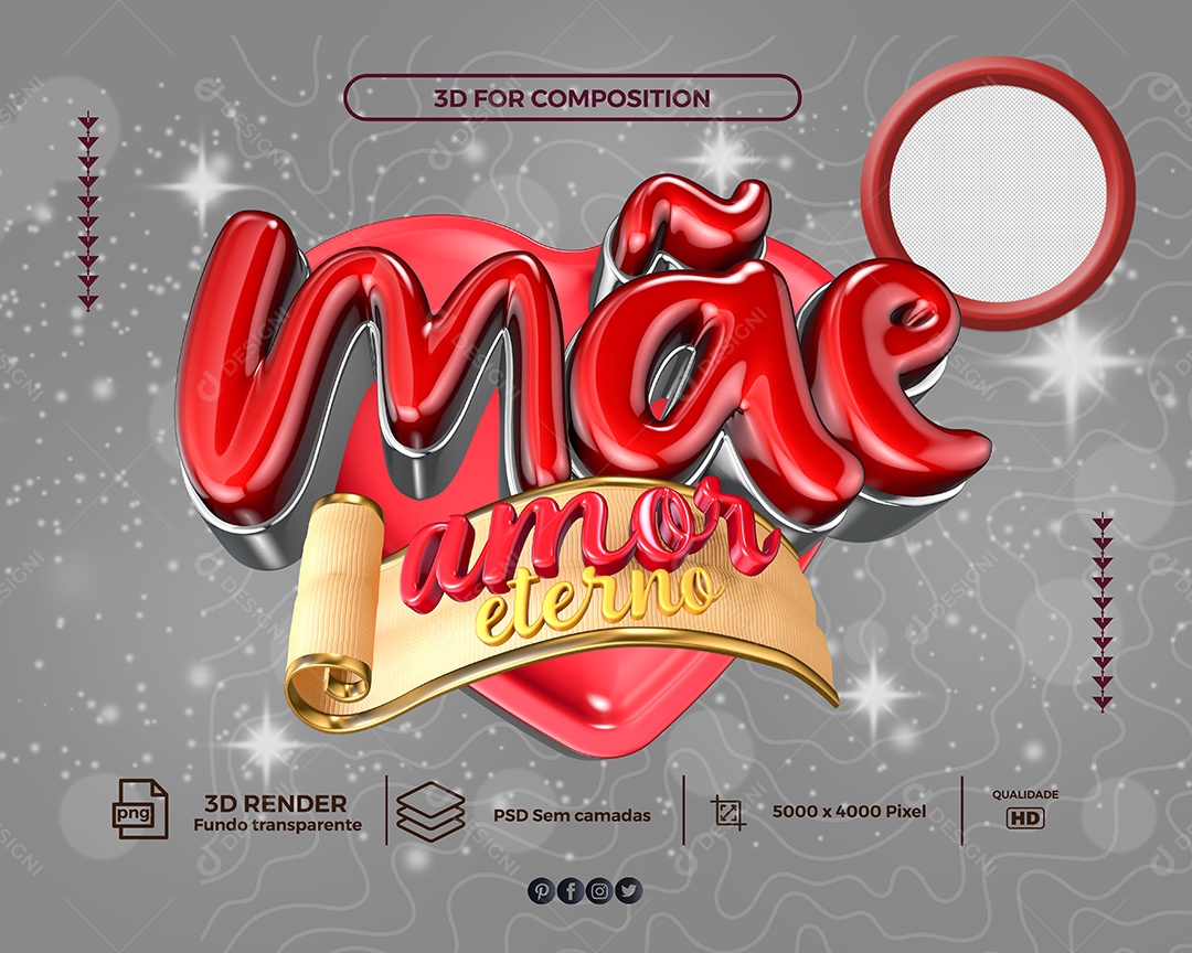 Mãe Amor Eterno Selo 3D Vermelho para Composição PSD