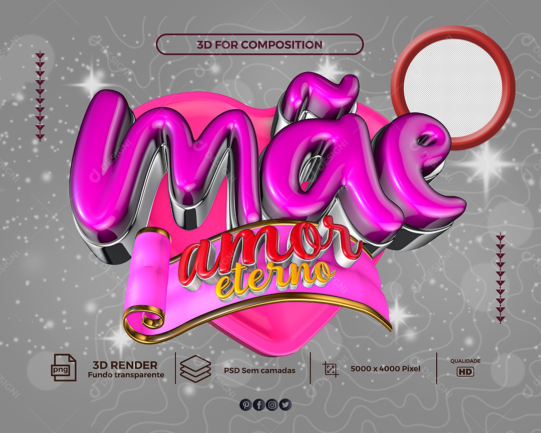 Mãe Amor Eterno Selo 3D Roxo Vermelho para Composição PSD