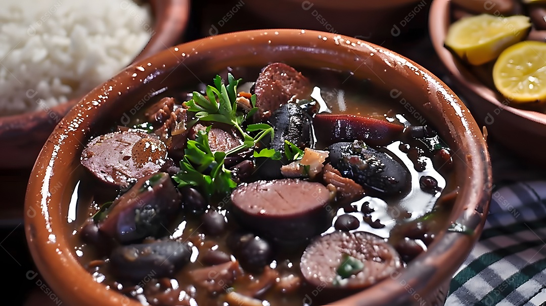 Feijoada completa sobre uma mesa de madeira