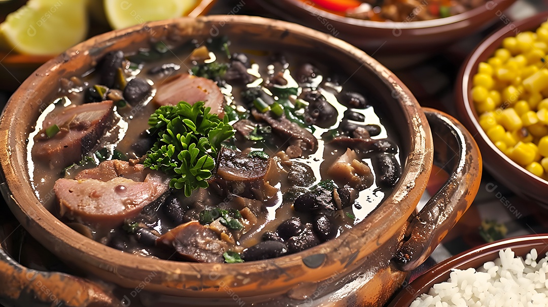 Feijoada completa sobre uma mesa de madeira