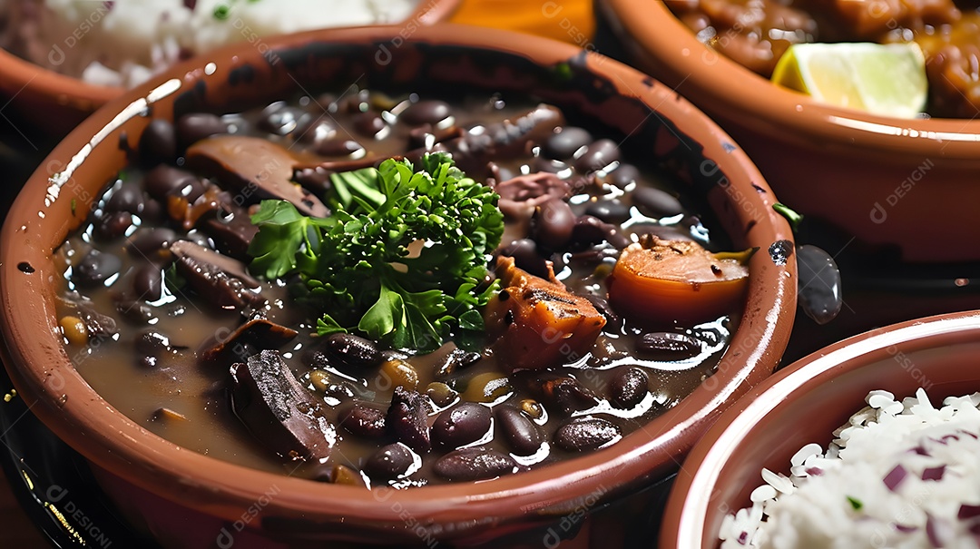 Feijoada deliciosa com guarnições sobre mesa de madeira