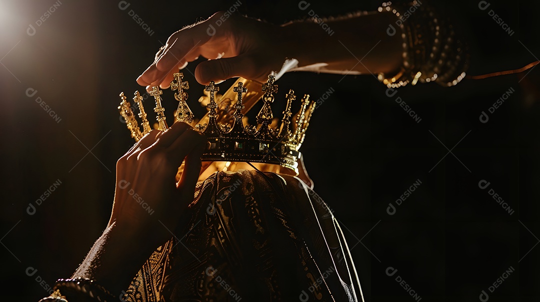 Uma pessoa colocando uma coroa na cabeça do rei