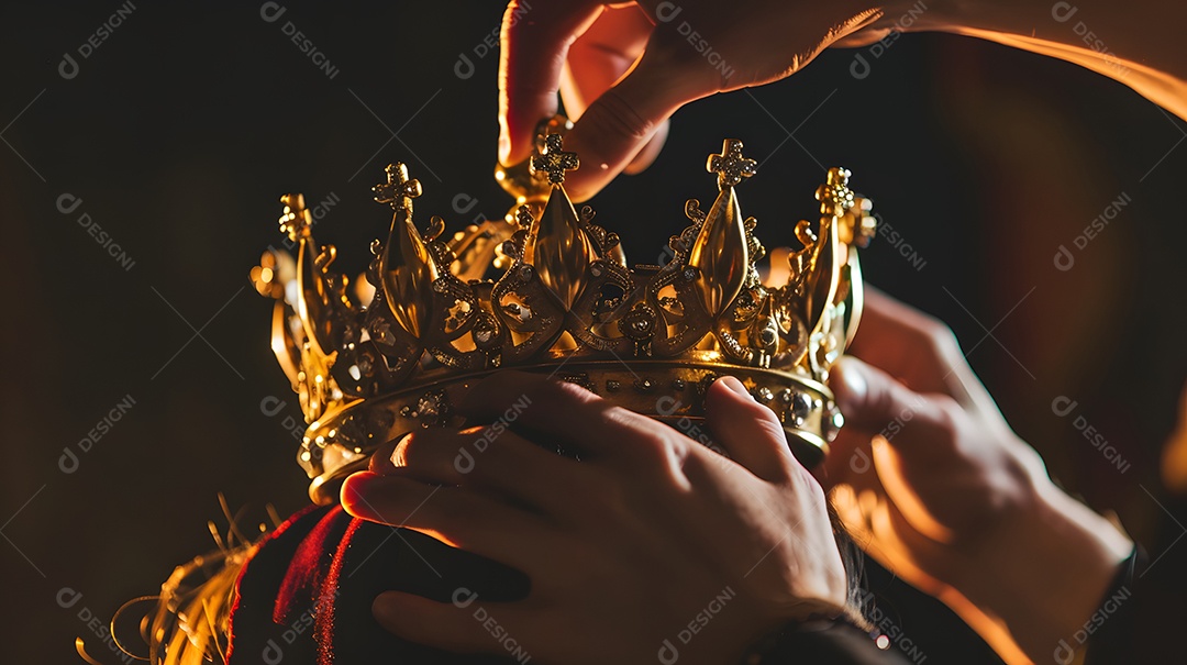 Uma pessoa colocando uma coroa na cabeça do rei