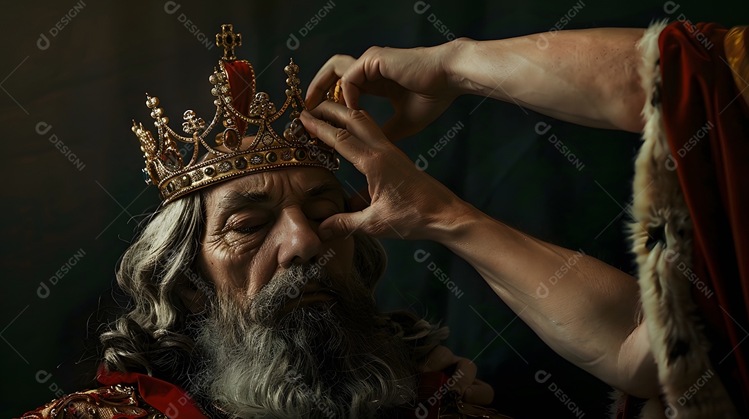 Uma pessoa colocando uma coroa na cabeça do rei