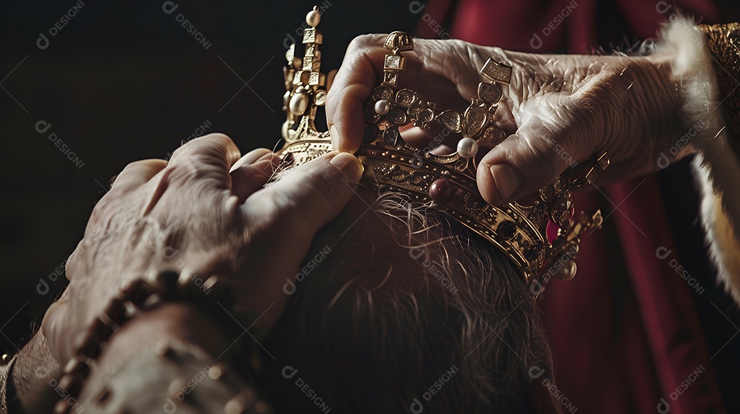 Uma pessoa colocando uma coroa na cabeça do rei