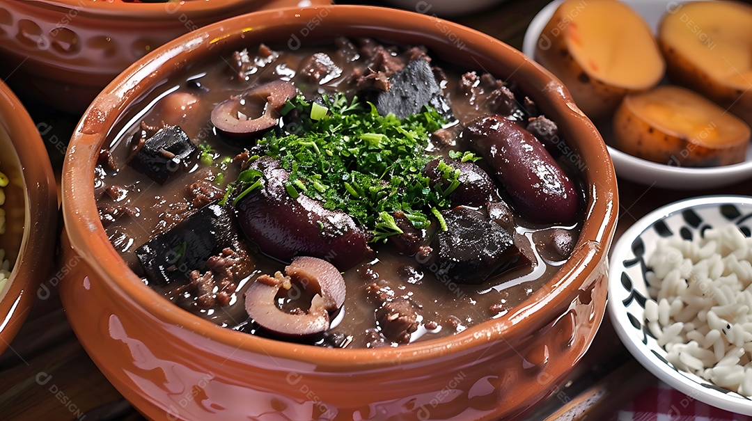 Feijoada tradicional com cheiro verde arroz e batatas doce