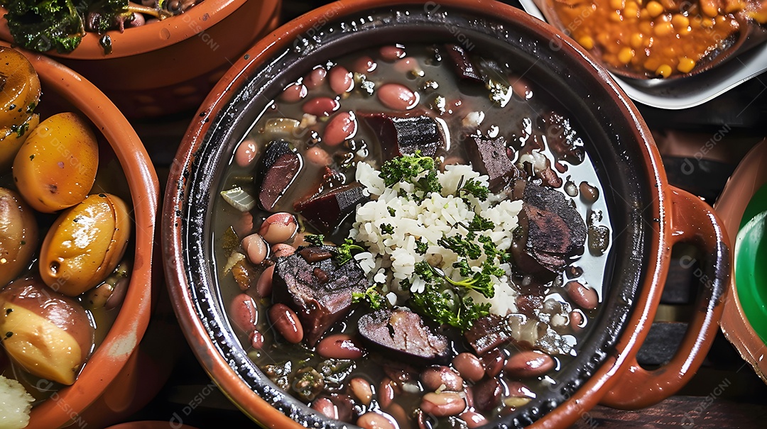 Feijoada com arroz e outros acompanhamentos deliciosos