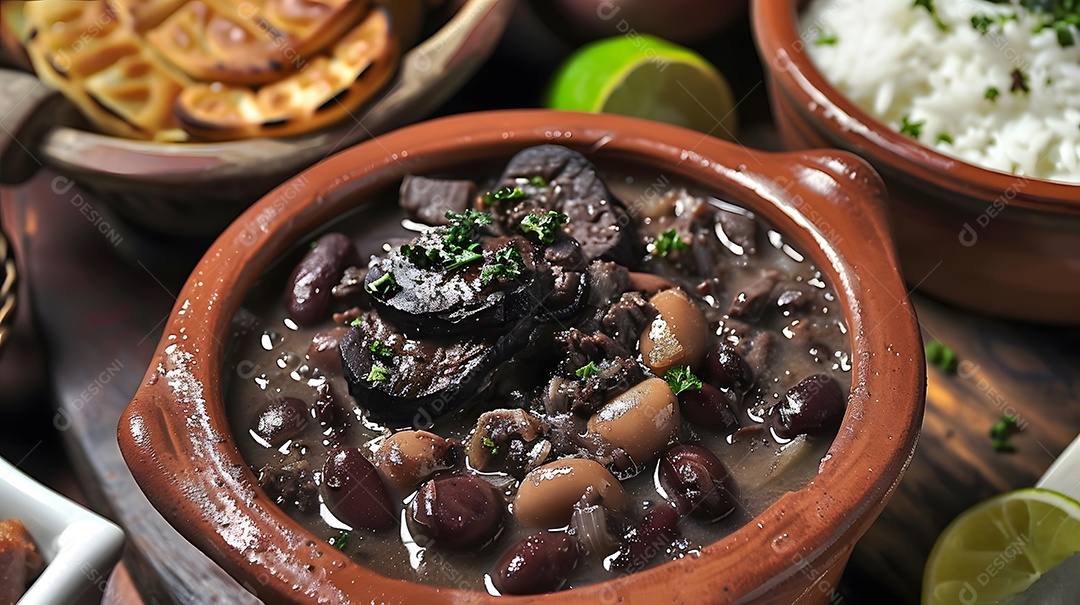 Feijoada com acompanhamentos arroz e bandas de limão