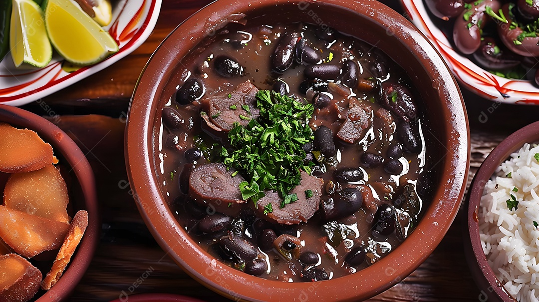 Feijoada tradicional com acompanhamento arroz laranja entre outros