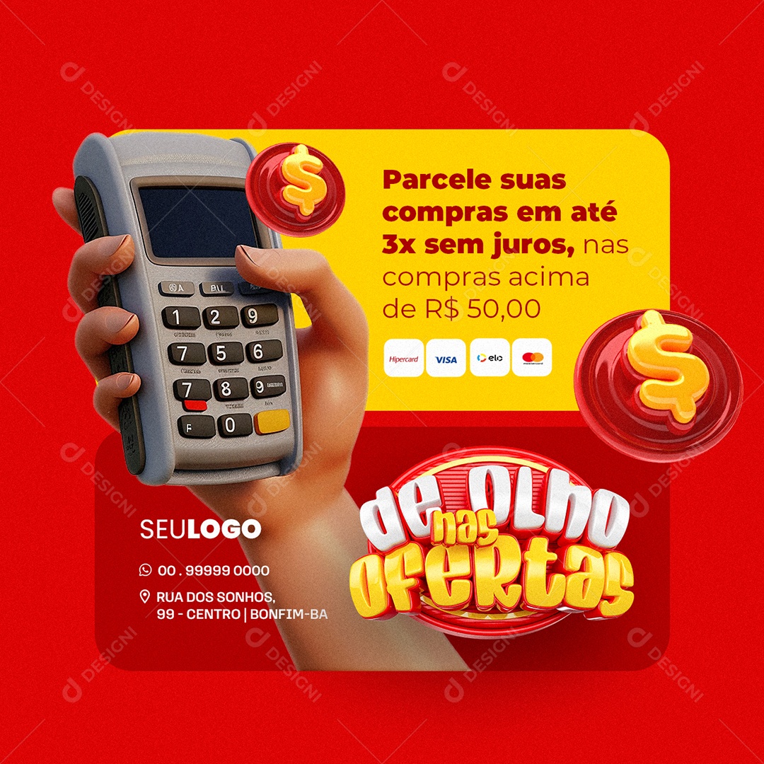 De Olho nas Ofertas Parcele suas Compras em Até 3x Social Media PSD Editável