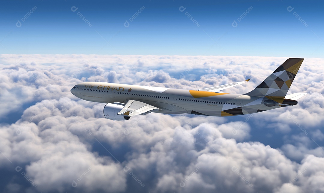 AirBus A330 Etihad voando contra céu azul e nuvens emirados Árabes Unidos