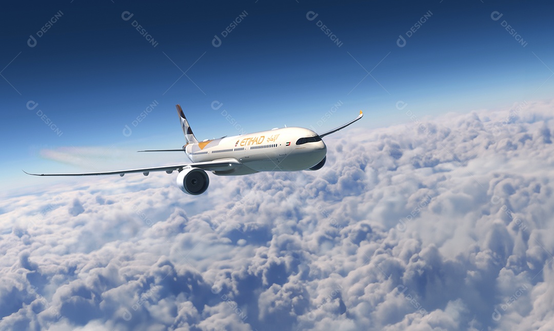 AirBus A330 Etihad voando contra céu azul e nuvens emirados Árabes Unidos