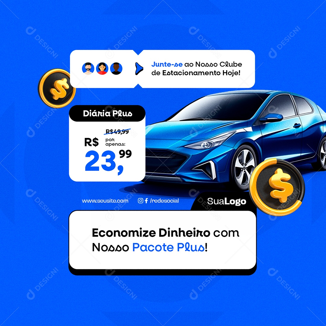 Estacionamento de Carros Diária Plus Economize Dinheiro Social Media PSD Editável