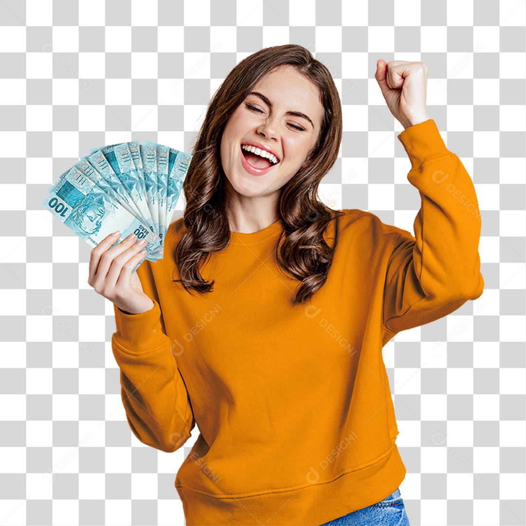 Mulher com Notas de 100 Reais PNG Transparente