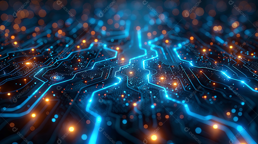 Uma rede eletrônica azul renderizada digitalmente no estilo de luzes e sombras